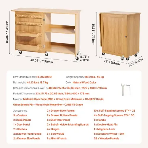 VEVOR klappbarer Nähtisch Mehrzweck Nähmaschinentisch mit Rädern & Regalen & Ablagefächern & Holzstiften & magnetischen Türen, Nähmaschine Holzfarbe faltbar (1170 x 400 x 778 mm) – Bild 6