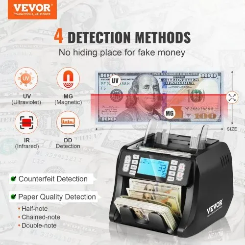 VEVOR Geldzählmaschine, Banknotenzähler mit UV-, MG-, IR- und DD-Falschgelderkennung, USD- und EUR-Geldzählmaschine mit Additions- und Batch-Modus, Großes LCD & Externes Display VEVOR Geldzählmaschine, Banknotenzähler mit UV-, MG-, IR- und DD-Falschgelderkennung, USD- und EUR-Geldzählmaschine mit Additions- und Batch-Modus, Großes LCD & Externes Display