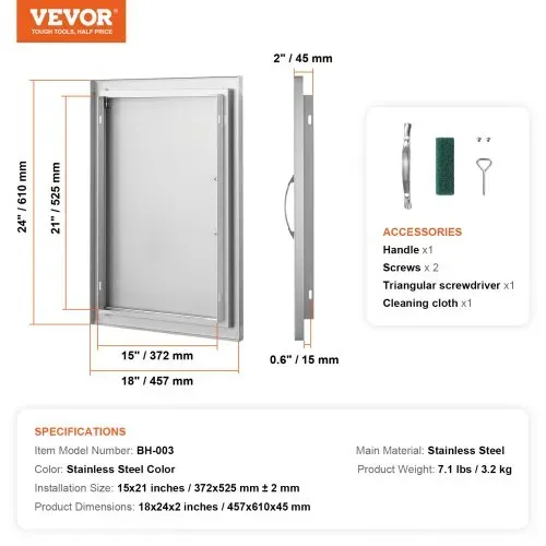 VEVOR Grillzugangstür, 457 x 610 x 45 mm, Einzelne Außenküchentür, Flächenbündig Montierte Edelstahltür, Vertikale Wandtür mit Griff, für Grillinsel, Grillstation, Außenschrank – Bild 6