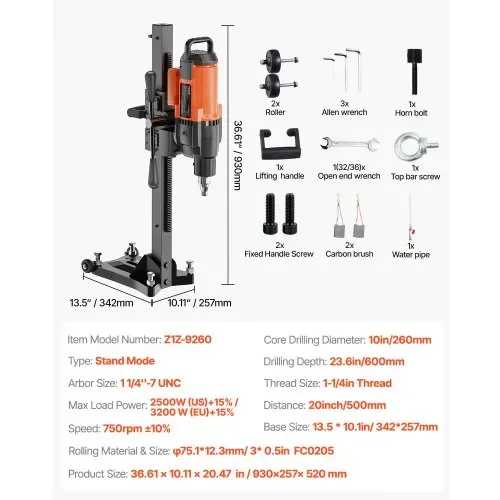 VEVOR Diamant Bohranlage 2500 W Diamantkernbohrmaschine Kernbohrgerät 0-750 U/min Kernbohrmaschine, 26 cm Magnetbohrmaschine Geeignet zum Bohren von Stahlbeton, Marmor usw. – Bild 6