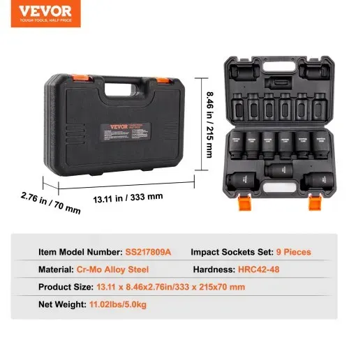 VEVOR 1/2 Zoll Steckschlüsselsatz CR-V-legierter Stahl 9-tlg Steckschlüssel Satz 29-38 mm Tiefe Stecknüsse Schlagschrauber, HRC 42-48 Steckschlüssel inkl Werkzeugkoffer, Metrisch Schraubenausdreher – Bild 6