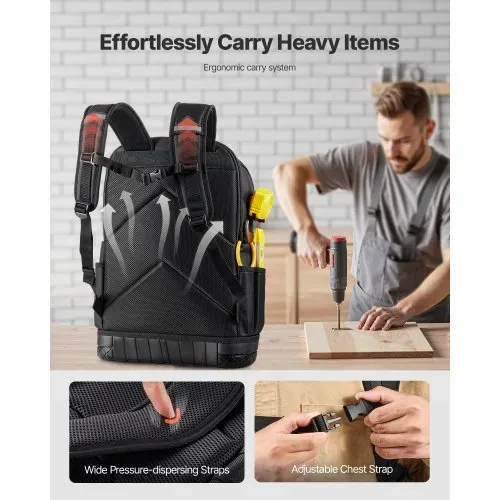 VEVOR Werkzeugrucksack mit 65 Taschen, Backpack inkl. 21-teiliges Werkzeugset, Werkzeugtasche mit Laptopfach, für Elektriker, Reparaturtechniker und Heizungs-, Lüftungs- und Klimatechniker – Bild 4
