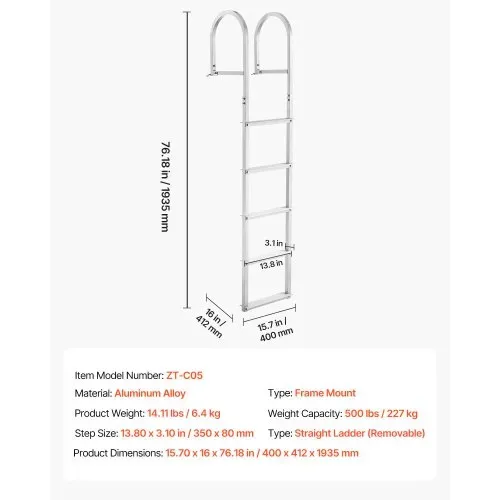 VEVOR Dockleiter, 5 abnehmbare Stufen, Tragkraft 227 kg. Aluminium-Ponton-Bootsleiter mit 8 cm breiten Stufen und rutschfesten Designstufen zum Einsteigen in Boote/Seen/Pools/Ozeane – Bild 6