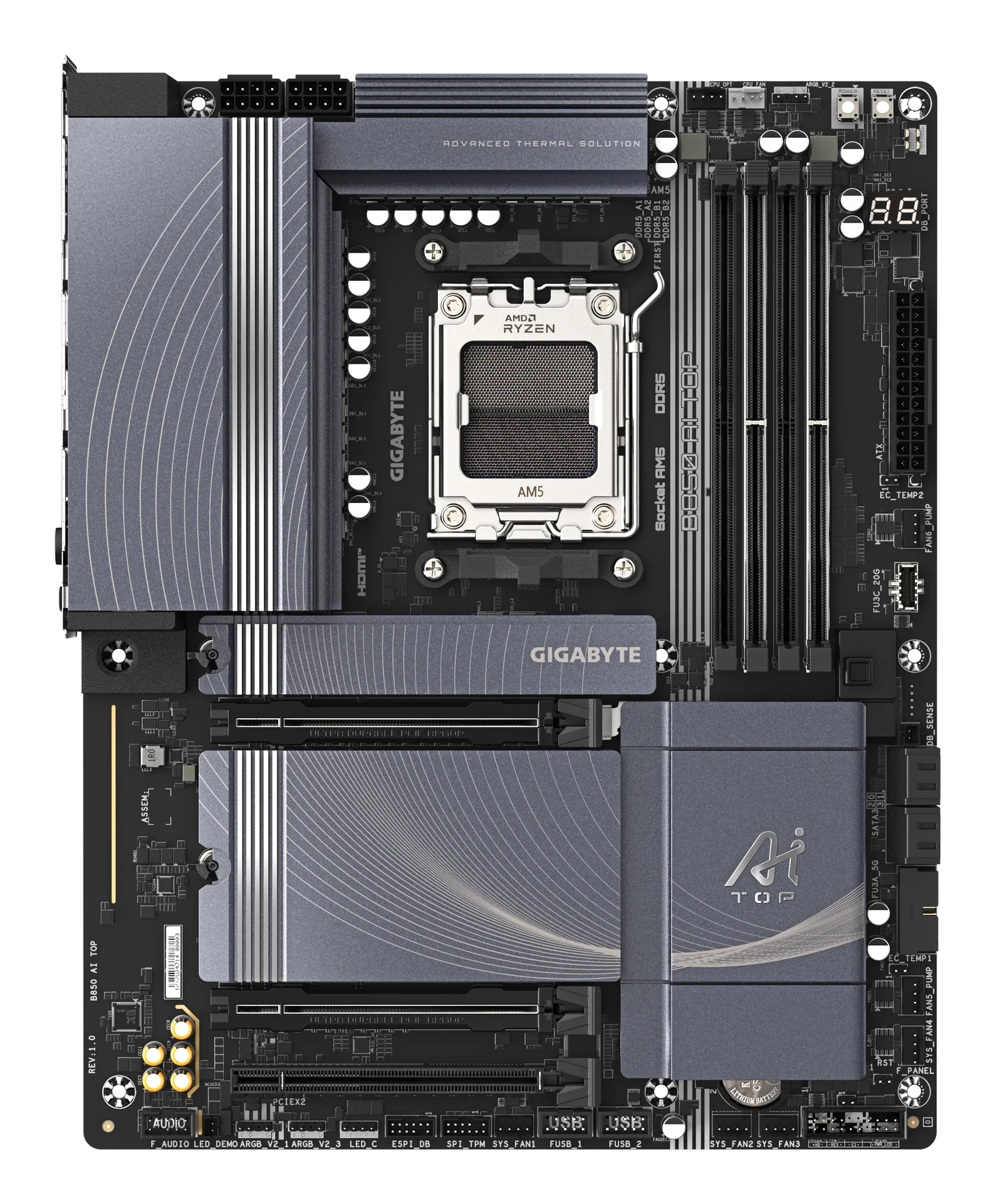 GIGABYTE B850 AI TOP Motherboard - AMD Ryzen 9000 Series CPUs, 16+2+2 Phasen Digital VRM, bis zu 8600MHz DDR5 (OC), 2xPCIe 5.0 + 1xPCIe 4.0 M.2, 10 GbE LAN, WIFI 7, USB 3.2 Gen 2x2 – Bild 2