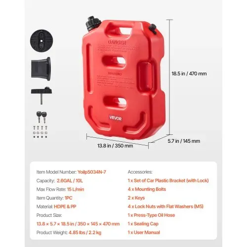 VEVOR Kraftstoffkanister 10 L, Benzinkanister mit Ausguss & verschließbarer Halterung, max. Durchflussrate 15 L/min, Flüssigkeitsbehälter für die meisten Autos, Motorräder, ATVs & UTVs, rot – Bild 6