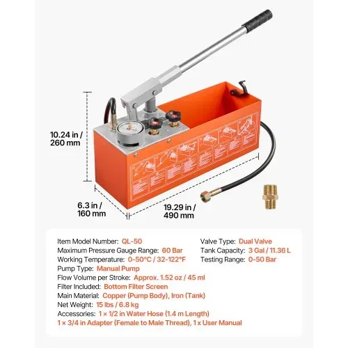 VEVOR Hydraulische Abdrückpumpe Druckprüfpumpe 11,36 L 0-50 bar Doppelventil, Handdruckpumpe mit Manometer und Tank, für Rohrleitungen, Wasserleitungen, Heizungen, Druck- und Leckprüfung – Bild 6