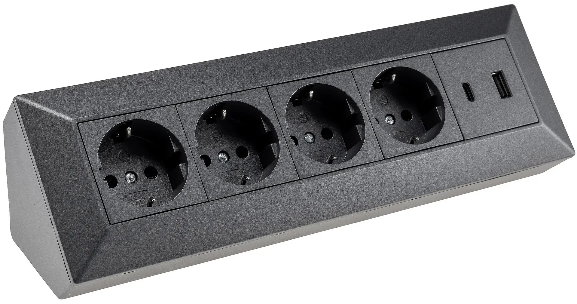 4-fach Steckdosenblock, USB-A+C, anthraz 250V~/ 16A, Aufbaumontage, USB 3,1A, PD 4-fach Steckdosenblock, USB-A+C, anthraz 250V~/ 16A, Aufbaumontage, USB 3,1A, PD