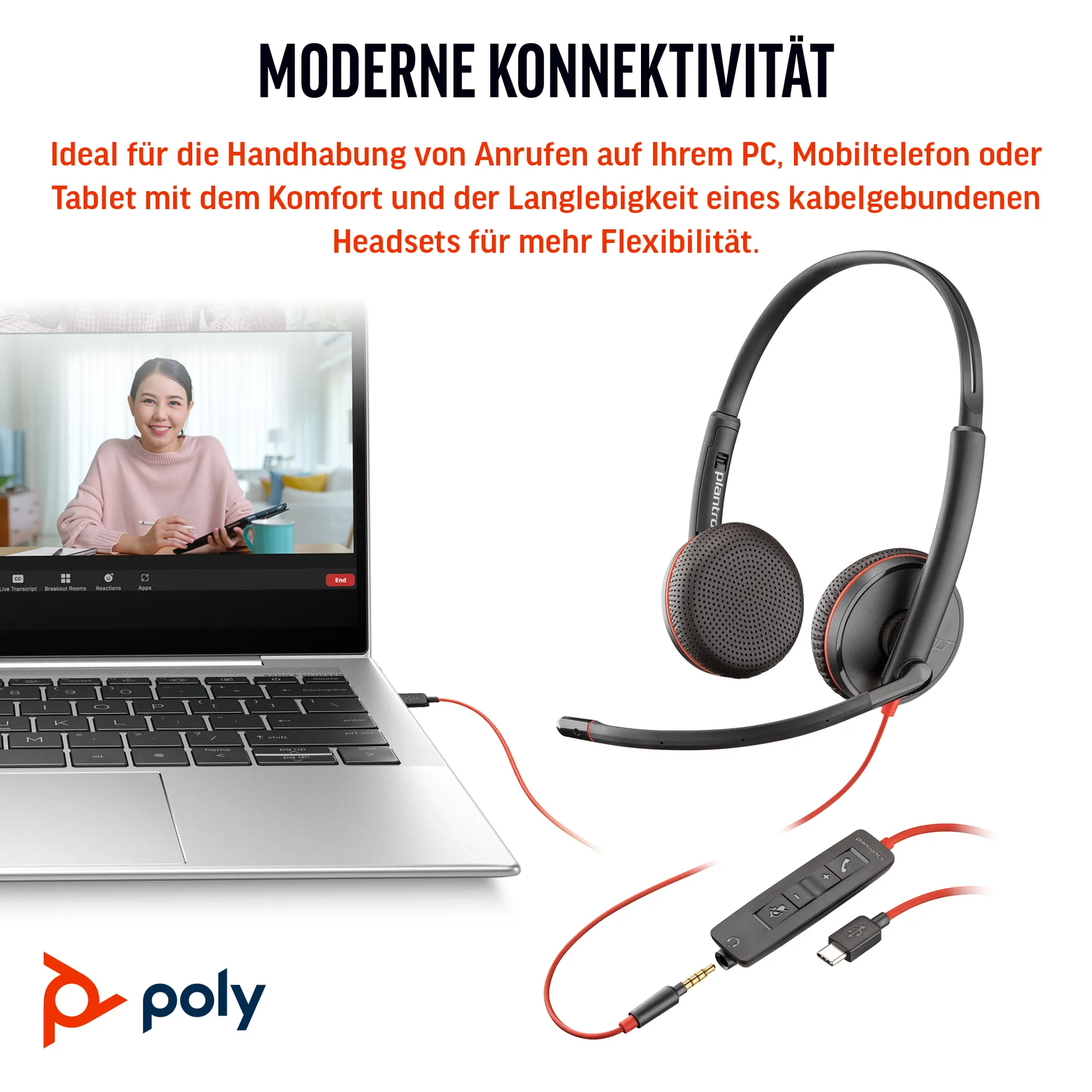 HP Poly Blackwire 3225 Stereo USB-C-Headset +3,5-mm-Stecker +USB-C/A-Adapter (Packungseinheit) – Bild 4