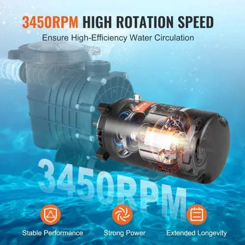 VEVOR 1 PS Poolpumpenmotor, 56J Rahmen, 115V(9.8 Ampere)/230V(4.9 Ampere) 3450 U/min, 60Hz, 1.4 Betriebsfaktor, 90μF/250V Kondensator, CCW Rotation Rundflansch Ersatzmotor – Bild 2
