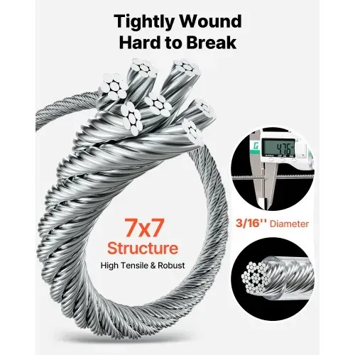 VEVOR Edelstahldrahtseil φ4,76 mm 61 m Länge, Drahtseil aus Edelstahl 304 mit einer Bruchlast von 7,1 kN, Stahlseil 7x7 Litzen, Geländerseil für Terrassengeländer, Gartenspaliere – Bild 2