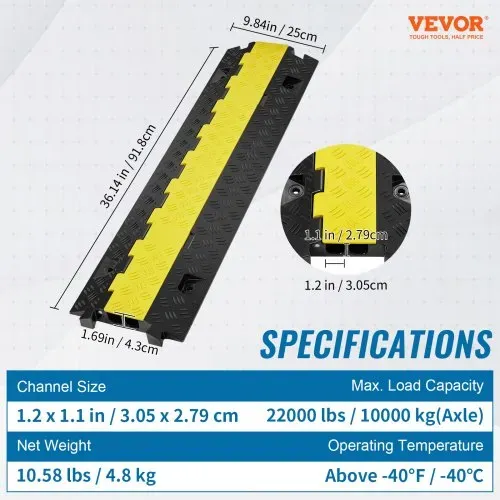 VEVOR Kabelschutzmatte Kabelkanal schwarz Kabelkanal außenbereich 91,8x25x4,3 cm 1x Kabelbrücke Überfahrschutz Kabel Schlauchbrücke 2 Kanäle 10000KG Rampe – Bild 6