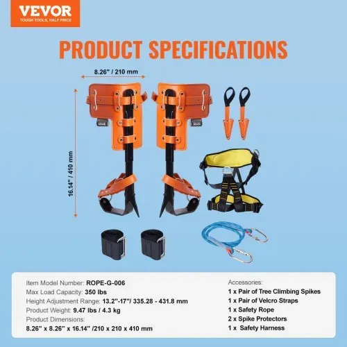 VEVOR Baumkletterspikes-Set, 1 Paar Klettersporne aus legiertem Stahl mit Sicherheitsseil und Sicherheitsgurt, 350 lbs Tragkraft, Baumkletterausrüstung, Baumpflegeausrüstung für Kletterer, Obstpflücken, Orange – Bild 6