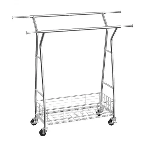 VEVOR Kleiderständer Garderobenständer rollbar mit 2 Kleiderstangen & Aufbewahrungskorb, bis 150 kg belastbar ausziehbarer Kleiderständer aus Karbonstahl für Schlafzimmer Waschküche Wohnzimmer – Bild 8