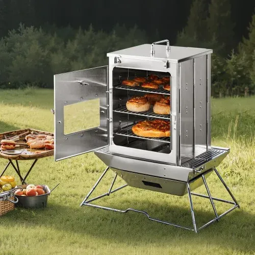 VEVOR faltbarer Campingofen tragbare Campingherde aus Edelstahl, mit 3-stufigem Grill, Griff und Thermometer, Verwendung mit Holzfeuer, Propangasöfen zum Backen von Brot Pizza Kochen im Freien – Bild 7