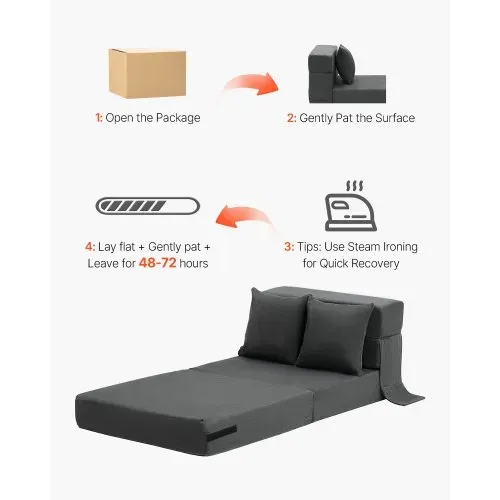 VEVOR 3 in 1 Klappsofa faltbares Schlafsofa mit 2 Kissen & waschbarem Bezug, umwandelbarer Schlafsessel aus 25D Memory Foam, Bettcouch für Wohnzimmer Schlafzimmer, Dunkelgrau (Einzelbett) – Bild 5