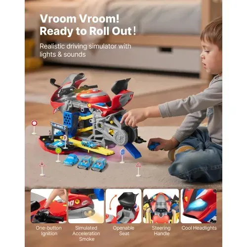 VEVOR Motorradmotor-Spielzeug, 25-teilig, Motorradmechaniker-Spielzeug mit abnehmbaren Teilen, Lichtern & Geräuschen, simuliertes Fahren & Rennstreckenrennen, für Kinder ab 3 Jahren, Rot – Bild 3