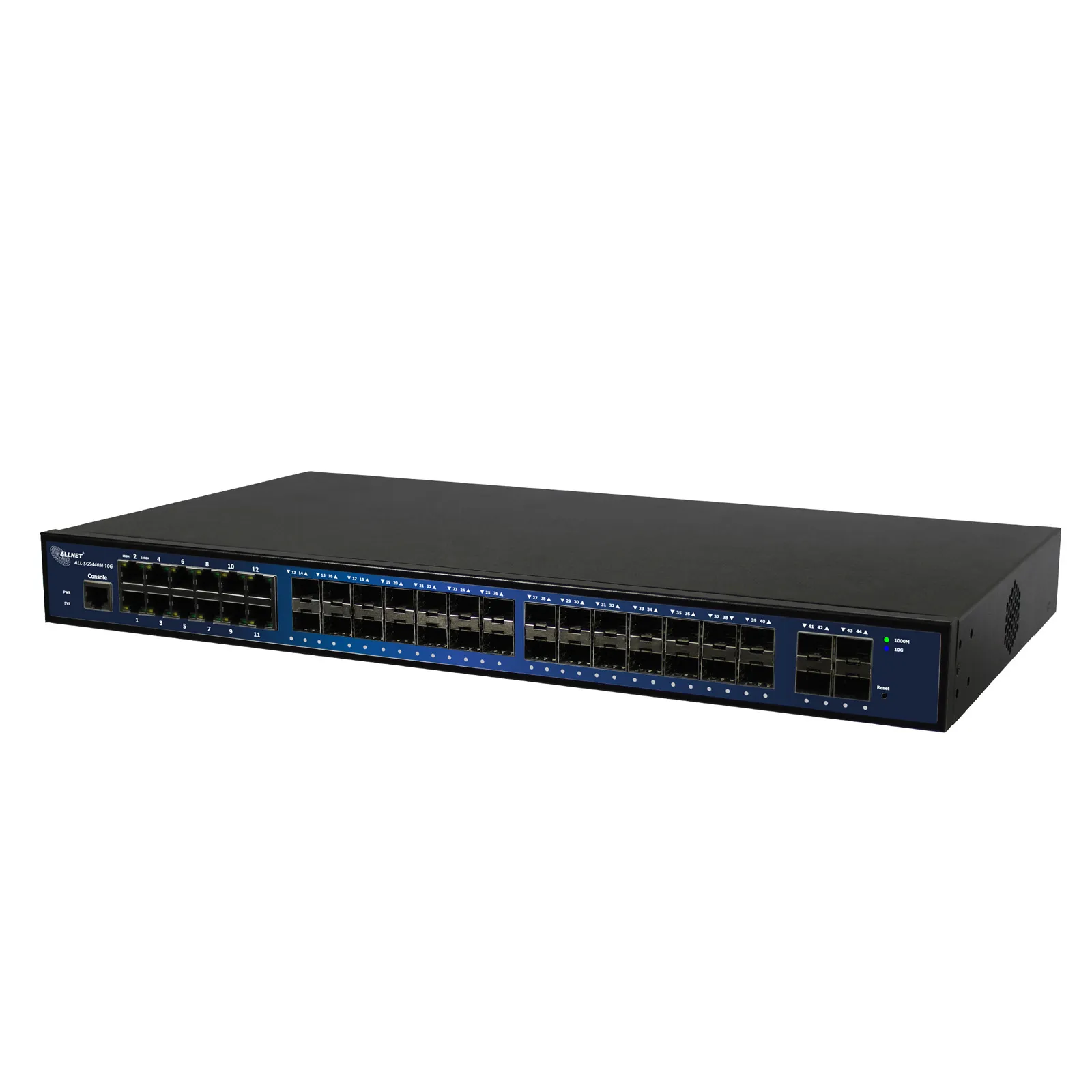 ALLNET Switch Full Managed Layer 2+ 44 Port Gigabit • 12x GbE • 28x GbE SFP • 4x SFP+ • JSON API • Core Switch • ALL-SG9440MJ-10G ALLNET Switch Full Managed Layer 2+ 44 Port Gigabit • 12x GbE • 28x GbE SFP • 4x SFP+ • JSON API • Core Switch • ALL-SG9440MJ-10G