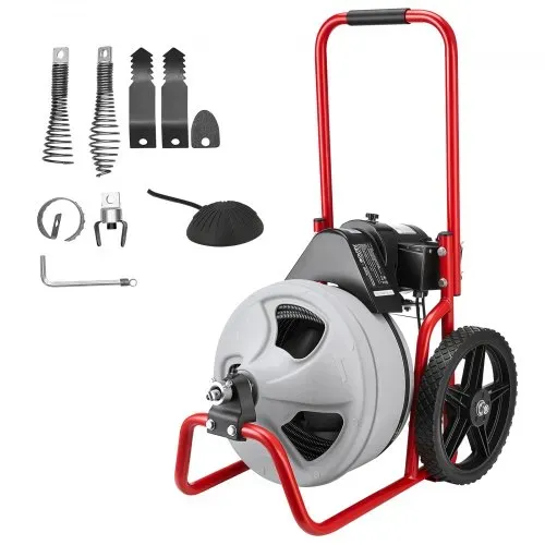 VEVOR Rohrreinigungsmaschine φ9,5 mm x 22 m, Reinigungsspirale mit Manueller Zufuhr, 6 Schneidwerkzeugen & Pneumatischem Fußschalter, Rohrreiniger für Rohrdurchmesser von 50 mm bis 100 mm – Bild 8