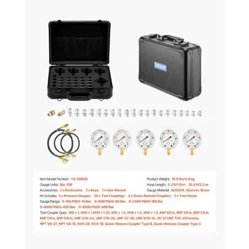 VEVOR Hydraulikdruck Testkit, 10 / 60 / 160 / 400 / 600 Bar, Hydraulik Messgerät Set inkl. 5 Messgeräte, 20 Kupplungen, 4 Schnellkupplungen, 3 Schläuche für Bagger-Baumaschinen – Bild 6