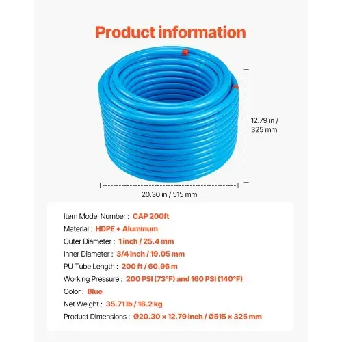 VEVOR Luftkompressor-Leitungssatz, 60,96 m x 19,05 mm, HDPE-Aluminium-Druckluftrohrsystem, auslaufsicher und einfach zu installieren, Druckluftleitungs-Schlauchsatz für Garagenwerkstätten, blau – Bild 6