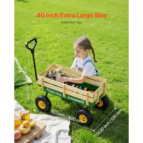 VEVOR Handwagen für Kinder, 102 cm Bollerwagen, Transportwagen mit Schiebestange, aus Holz & Metal, max. 150 kg tragbar, ideal für Kinder ab 5 Jahren, Garten, Ausflüge & Strand, Farbe Grün & Gelb – Bild 3