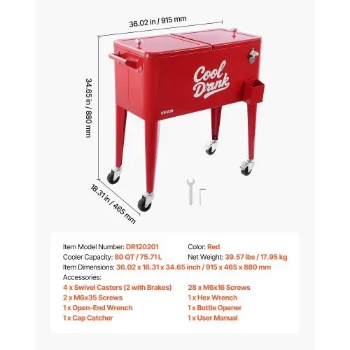 VEVOR Kühlwagen Getränkewagen 75,71 L bis zu 50 Flaschen/110 Dosen, Beistellwagen für Terrassenpartys mit 4 Lenkrollen (2 mit Bremsen) & Sammelbox für Deckel & Flaschenöffner, Getränkekühler – Bild 6