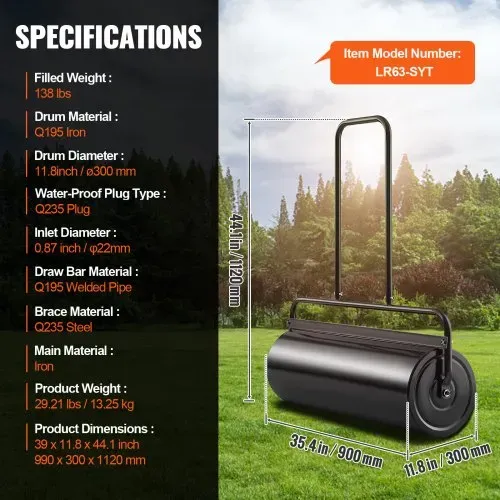 VEVOR Rasenwalze 990x300x1120mm Handwalze Eisen und Q235 Gartenwalze 61L Ackerwalze mit einem Wassereinlass Rasenroller Walze mit U-förmigen Griff Ideal für Gärten Bauernhöfe große Grünflächenparks – Bild 6