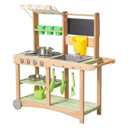 VEVOR Spielküche, Kinderküche, Spielzeugküche mit Löffeln, Spüle, Sonnenschutz, Schwenkrädern, Kochgeschirr & Zubehör, Holzküche, Ideal für Kinder ab 3 Jahren, 880x326x900 mm – Bild 9