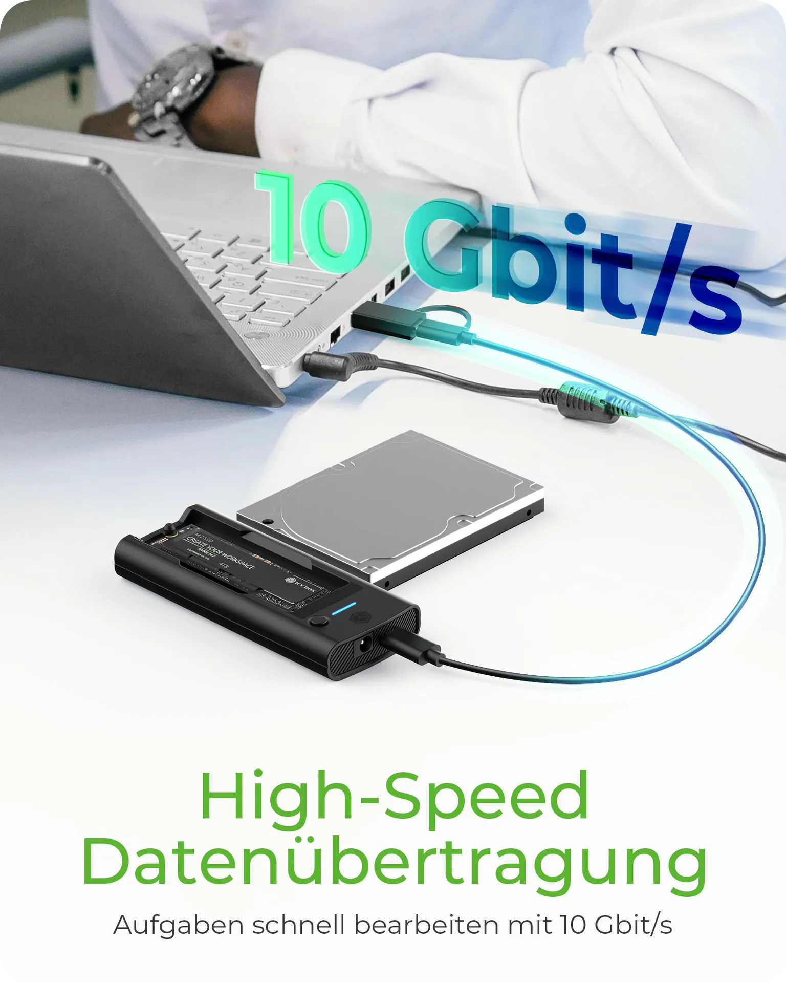 ICY BOX IB-180MS-C31 SSD Docking 1x 2,5"/3,5" & 1x M.2 PCIe NVMe zu USB 3.2 Gen 2 10 Gbit/s, Werkzeuglos, ohne Netzteil, Kunststoff, schwarz – Bild 2