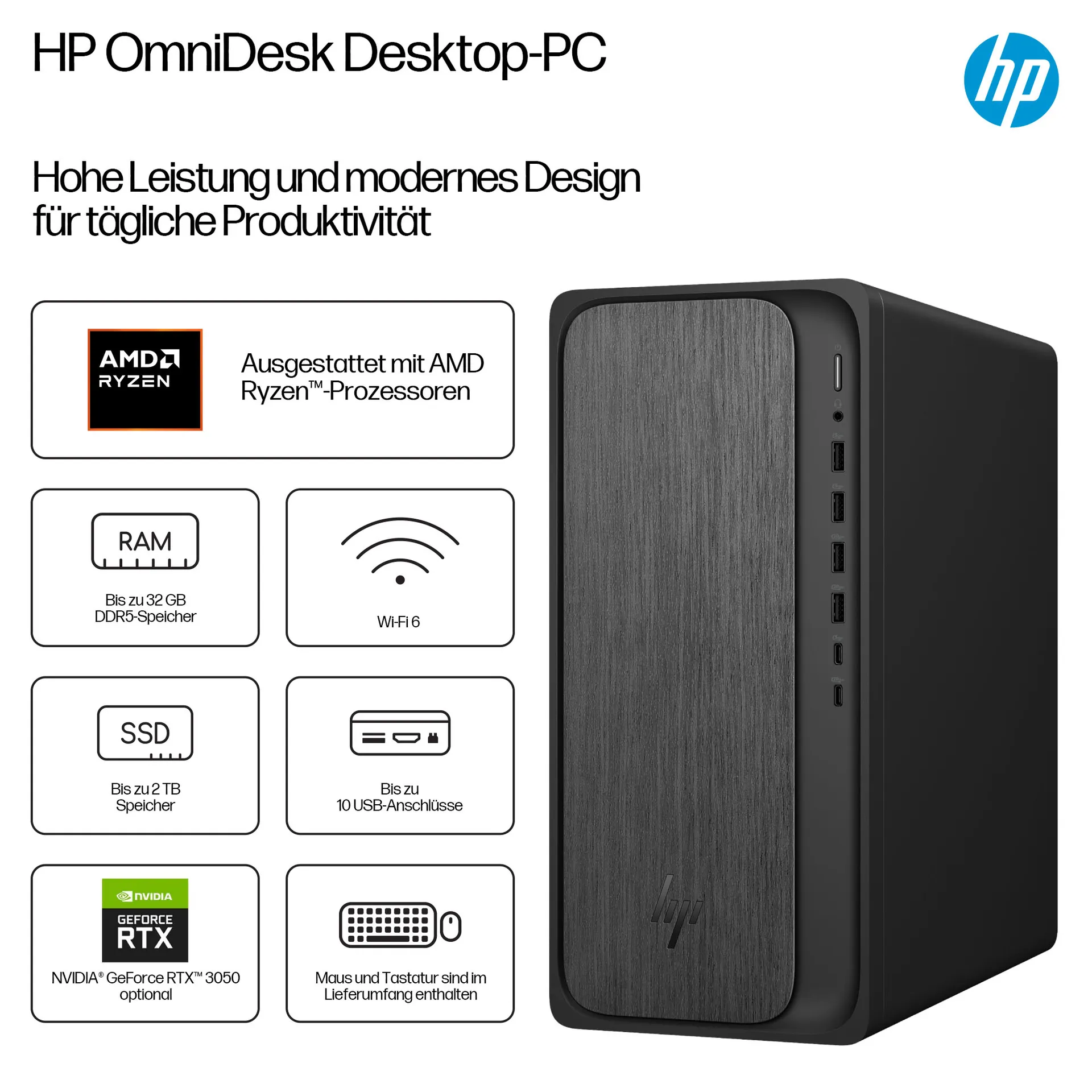 HP OmniDesk M02-0157ng PC AMD Ryzen™ 5 8500G 16 GB DDR5-SDRAM 512 GB SSD FreeDOS Tower AI PC Schwarz – Bild 3