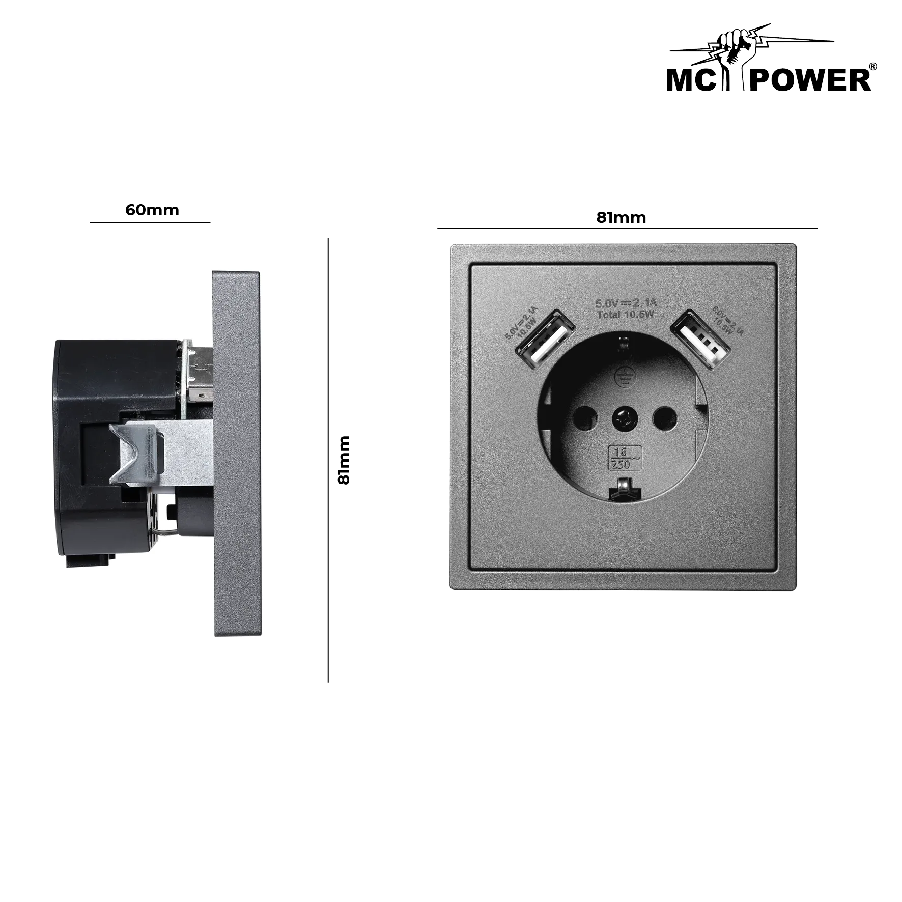 Schutzkontakt-Steckdose McPower ''Shallow'' 2x USB-A - 5V/2,1A – Bild 3