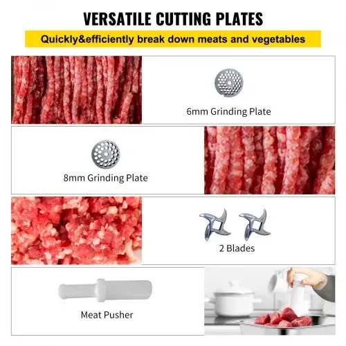 VEVOR Elektrischer Fleischwolf 850 W, Hackfleisch Maschine 150 kg pro Stunde, Elektrische Wurstmaschine 448 x 210 x 387 mm, Edelstahl Wurstmaschine 193 U/min, für Restaurant, Supermarkt, Metzgerei – Bild 5