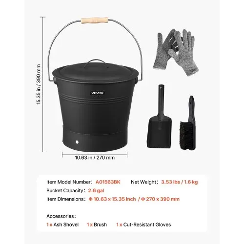 VEVOR Ascheeimer mit Deckel, 4-tlg. Set mit Kohleeimer, Schaufel, Besen und Handschuhen, Kaminkohleeimer und Aschedose aus Metall, 9,8L Fassungsvermögen für Kamine, Feuerstellen, Holzöfen – Bild 6