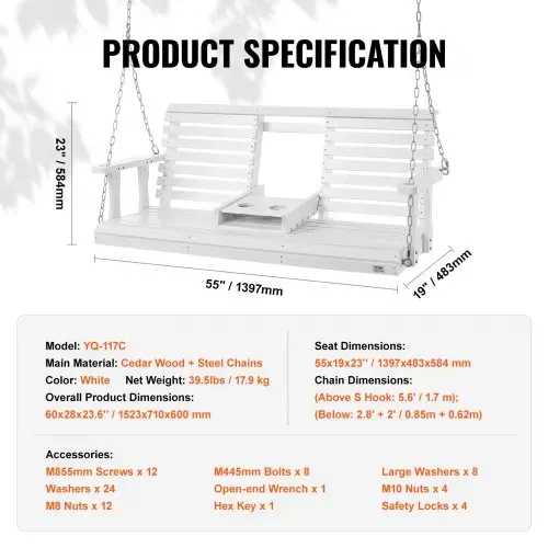 VEVOR Hollywoodschaukel Zedernholz, 1523x710x600mm, Terrassenschaukel für Hof und Garten, verbesserte Tragkraft von ca. 400 kg, robuste Schaukelstuhlbank mit Aufhängeketten für den Außenbereich, weiß – Bild 6