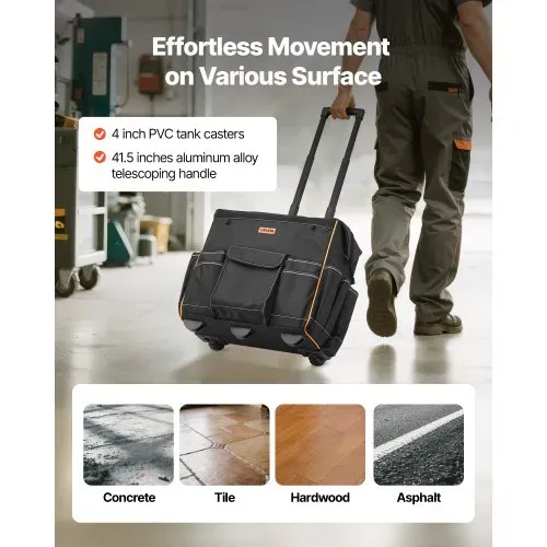 VEVOR Werkzeugtasche mit Rollen, Tragkraft 50 kg, 25 Taschen, Arbeitsrucksack mit verstellbarem Teleskopgriff & stabiler Basis, Werkzeugtaschen-Organizer für Elektriker, Baugewerbe, 460x270x430 mm – Bild 3