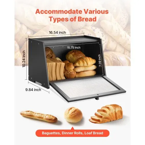 VEVOR Brotkasten für Küchentheke Brotbehälter Brotbox Brot-Organizer aus Holz für selbstgebackenes Brot, Aufbewahrungsbehälter mit gewellter Acryl-Türplatte, Brotaufbewahrung Schwarz – Bild 2