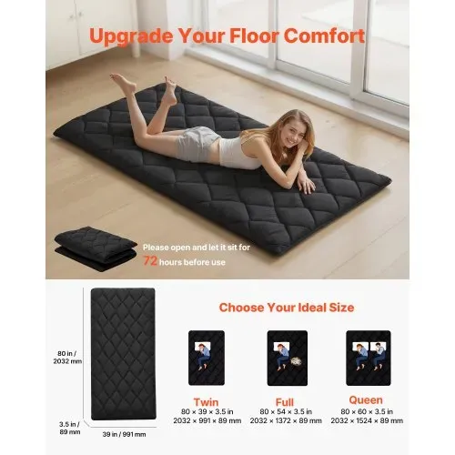 VEVOR japanische Futon-Matratze (2032 x 991 x 89 mm), faltbare Tatami (Einzelbettgröße), Bodenmatratze mit Aufbewahrungstasche & Befestigungsmaterial, 9-lagige Schlafmatte für Meditation Yoga, Schwarz VEVOR japanische Futon-Matratze (2032 x 991 x 89 mm), faltbare Tatami (Einzelbettgröße), Bodenmatratze mit Aufbewahrungstasche & Befestigungsmaterial, 9-lagige Schlafmatte für Meditation Yoga, Schwarz