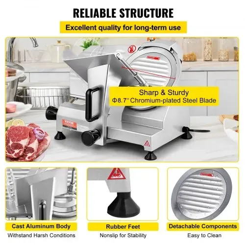 VEVOR Kommerzieller Fleisch Allesschneider 200 W, Elektrische Aufschnittmaschine Lebensmittelschneider mit 20,32 cm-Kohlenstoffstahlklinge, 0–12 mm Einstellbare Dicke für Fleisch, Käse usw. – Bild 4