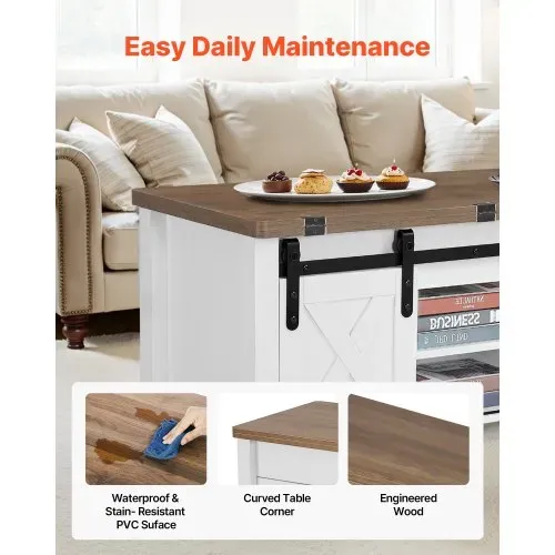 VEVOR Lift Top Couchtisch 100 cm, rustikaler Kaffeetisch mit Scheunentor & verstecktem Staufach, rechteckige Hubtischplatte für Wohnzimmer Büro Zuhause, Wohnzimmertisch Sofatisch Braun + Weiß – Bild 5