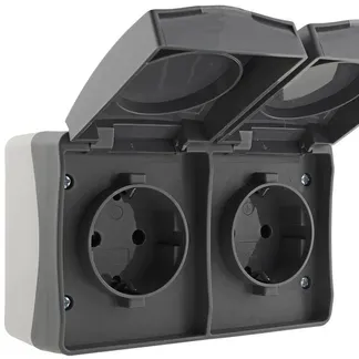 NUQUI Feuchtraum Doppel-Steckdose horiz. IP54, Aufputz, 250V~/ 16A NUQUI Feuchtraum Doppel-Steckdose horiz. IP54, Aufputz, 250V~/ 16A