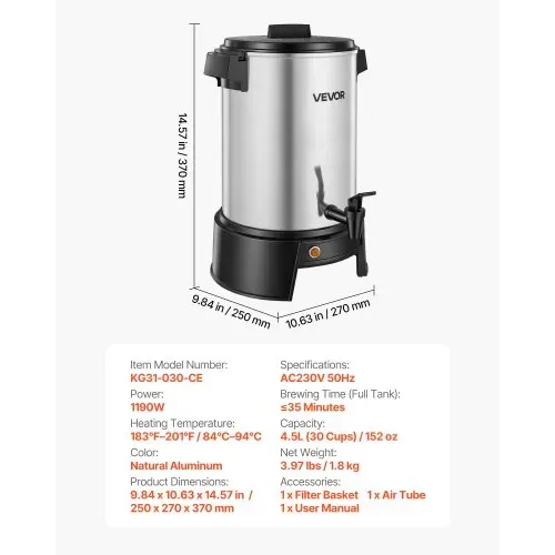 VEVOR Gewerbliche Kaffeemaschine, 30 Tassen, 4,5 l Heißgetränkespender mit tropffreiem Wasserhahn, 1190 W Schnellbrüh-Kaffeemaschine, automatische Temperaturregelung, für Catering, Partys, Kirchen und Restaurants – Bild 6