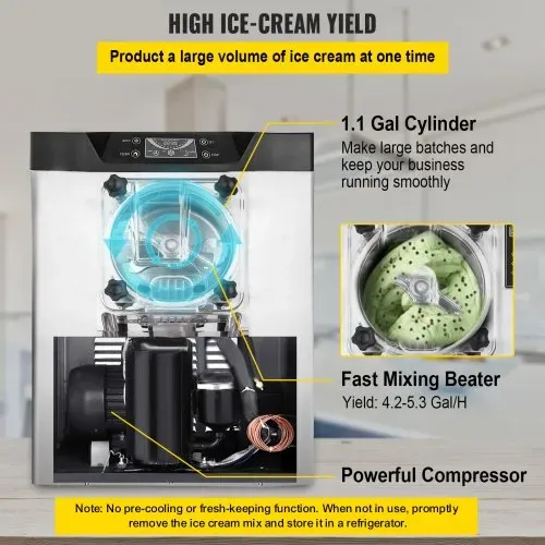 VEVOR kommerzielle Eismaschine Eiscrememaschine 16-20 L/H Eiscreme, 1400 W Harteiscreme-Maschine mit intelligentem LCD-Display & verschiedenen Geschmacksrichtungen, für Snackbar, Restaurant Silber – Bild 2
