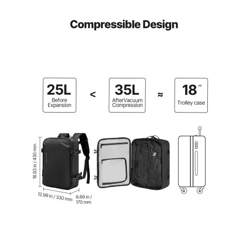 VEVOR Vakuum-Reiserucksack, 35 L, Vakuum-Kompressions-Reiserucksack mit Luftpumpe, mehreren Taschen & Fächern, wasserabweisendes Handgepäck, lässige Tasche für persönliche Gegenstände, Schwarz – Bild 6