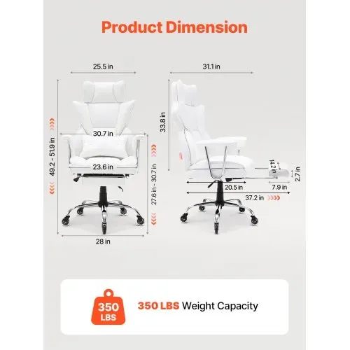 VEVOR Bürostuhl PU Leder Weißer Chefsessel mit Fußstütze, Schreibtisch Drehsessel Höhenverstellbar 0–80 mm, 181,43 kg Tragfähigkeit, Chefsessel Bürostuhl 860 x 610 mm Rückenlehne Drehsessel – Bild 2