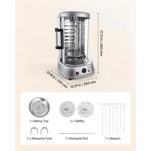 VEVOR Vertikaler Dönergrill 11,5 L 1500 W Gyrosgrill Kebab Shawarma Silber für Kleine Haushalte, 190 °C Maximaltemperatur, Timer 0–60 Minuten, Sicherheitsglastür, Tropfschale, Drehgabeln und Spieße – Bild 6