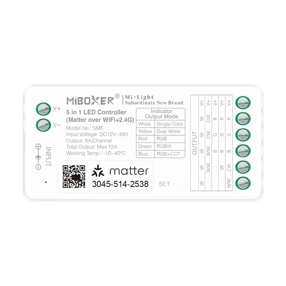 MiBoxer SM5 LED Controller Matter-Serie 5in1 (Single Colour/CCT(dual white)/RGB/RGB-W/RGB+CCT) Matter Over WiFi+2.4GHz IP20 MiBoxer SM5 LED Controller Matter-Serie 5in1 (Single Colour/CCT(dual white)/RGB/RGB-W/RGB+CCT) Matter Over WiFi+2.4GHz IP20