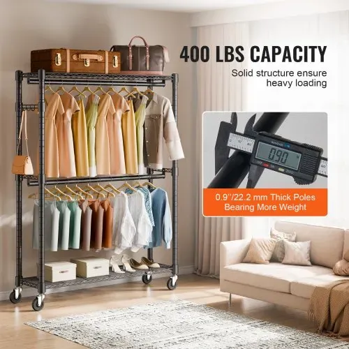 VEVOR 3-lagiger Rollbarer Kleiderständer Garderobenständer Kleiderstangen, 204 cm Höhe Stahl Kleiderständer 182 kg Belastbar, Strapazierfähig Ständer für Schlafzimmer, Wäscheraum, Ankleidezimmer usw. – Bild 2