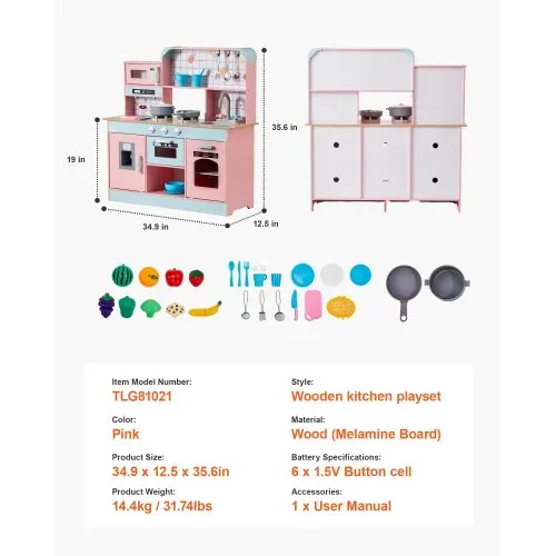 VEVOR Spielküche für Kinder, Holzspielzeug-Küchenset mit Lichtern und Geräuschen, Kleinkinderküche mit Eismaschine, Ofen, Spüle, Mikrowelle, Kühlschrank und Utensilien- und Obstzubehör für Kleinkinder im Alter von 3–8 Jahren, Rosa – Bild 6