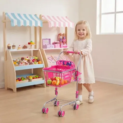 VEVOR Einkaufswagen für Kinder, Einkaufswagen Supermarkt Spielzeug mit Klappsitz für Puppen Stahlrahmen & Rollen, Faltbares Kaufladenzubehör mit Puppen-Spielzeug, Kaufmannsladen Spiele für Kinder ab 3 – Bild 7