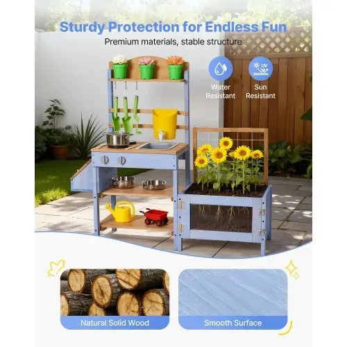 VEVOR Spielküche, Kinderküche, Spielzeugküche aus Holz mit Pflanzkasten, Wassertank, Spülbecken, Kochgeschirr & Zubehör, Holzküche für Rasen & Garten, für Kinder ab 3 Jahren, 1060x370x995mm – Bild 2